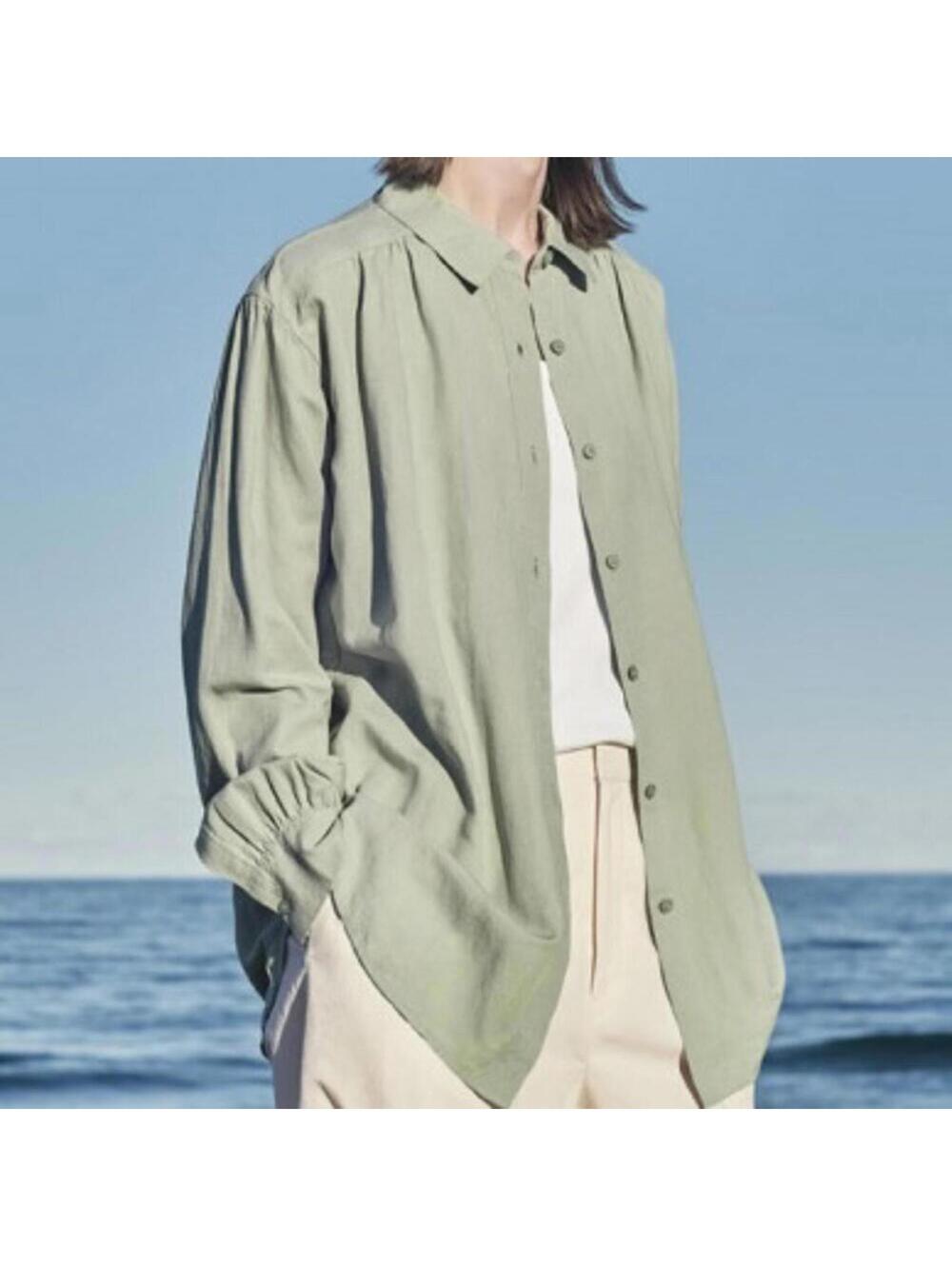 Uniqlo Linen Blend Oversized Shirt Button Up Green NWT Medium